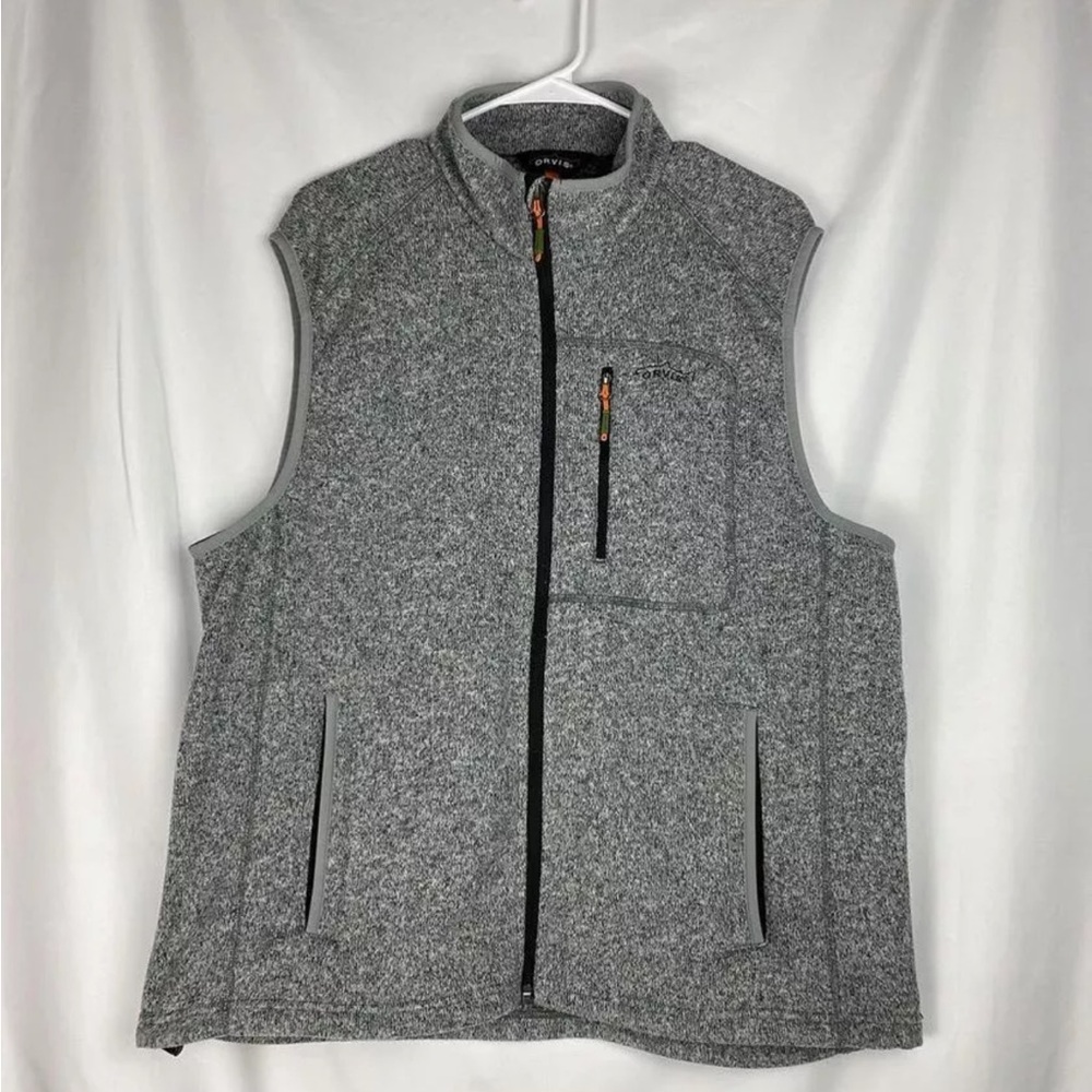 Orvis Sweater Fleece Vest Gray Full Zip Trout Bum Logo Jacket Mens Sz Large EUC